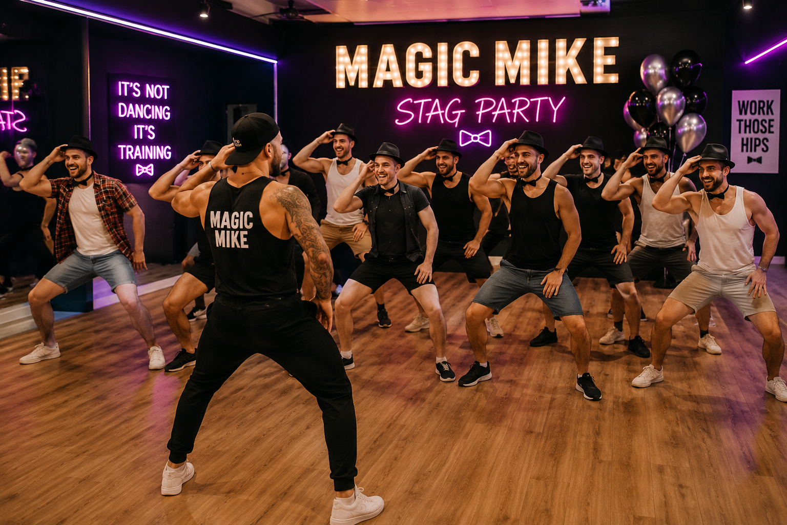 Magic Mike stag party dance class with male group learning fun choreographed dance routines in a neon-lit dance studio during a themed stag weekend activity.