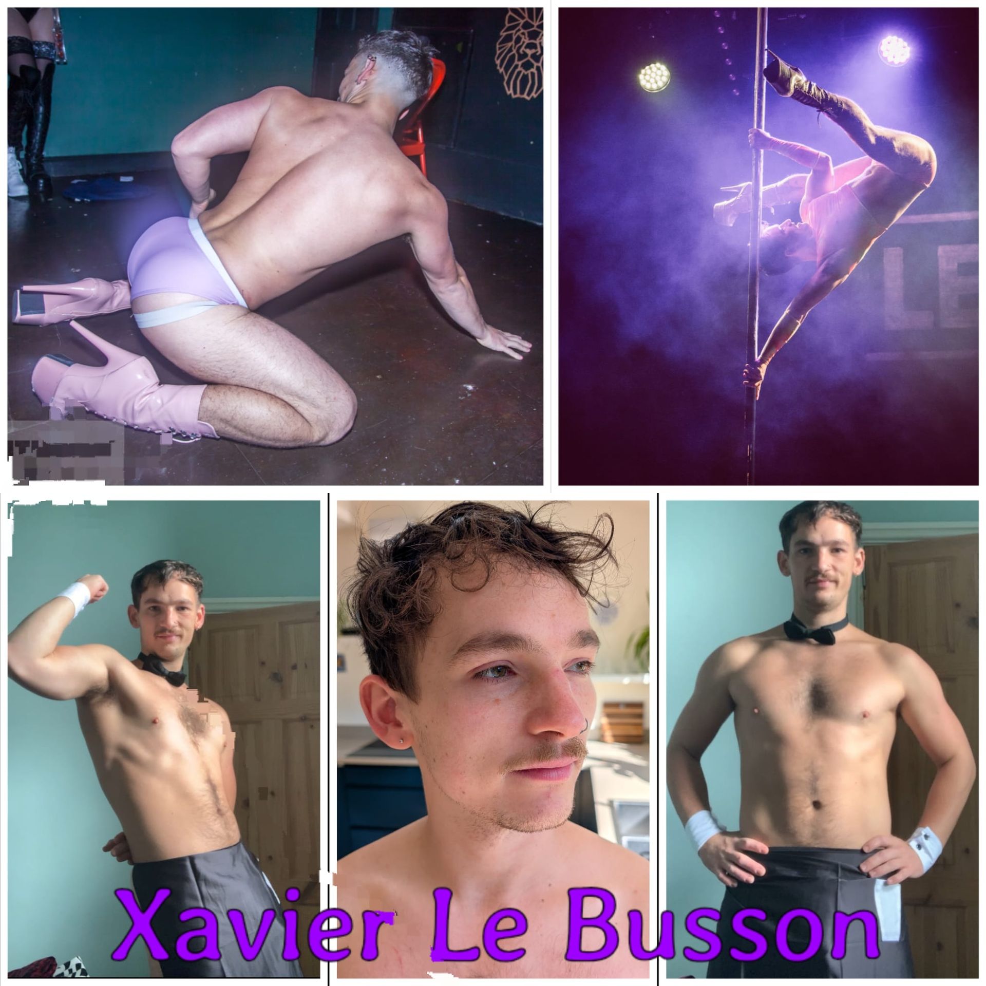 Xavier Le Busson male entertainer and pole dancer showcasing athletic stage poses, pole performance and topless host portraits for hen and stag party entertainment