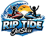 Logo: Two jetskis on waves, silhouetted riders, sun, birds, "Riptide Jetski's" text.