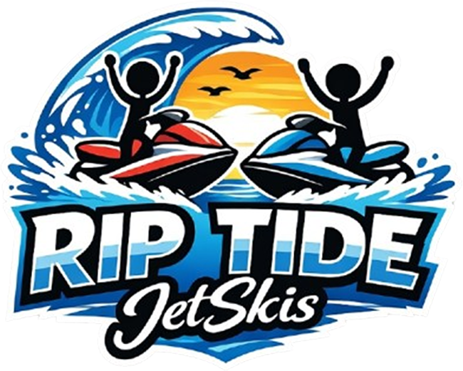 Logo: Two jetskis on waves, silhouetted riders, sun, birds, "Riptide Jetski's" text.