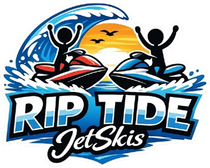 Logo: Two jetskis on waves, silhouetted riders, sun, birds, "Riptide Jetski's" text.