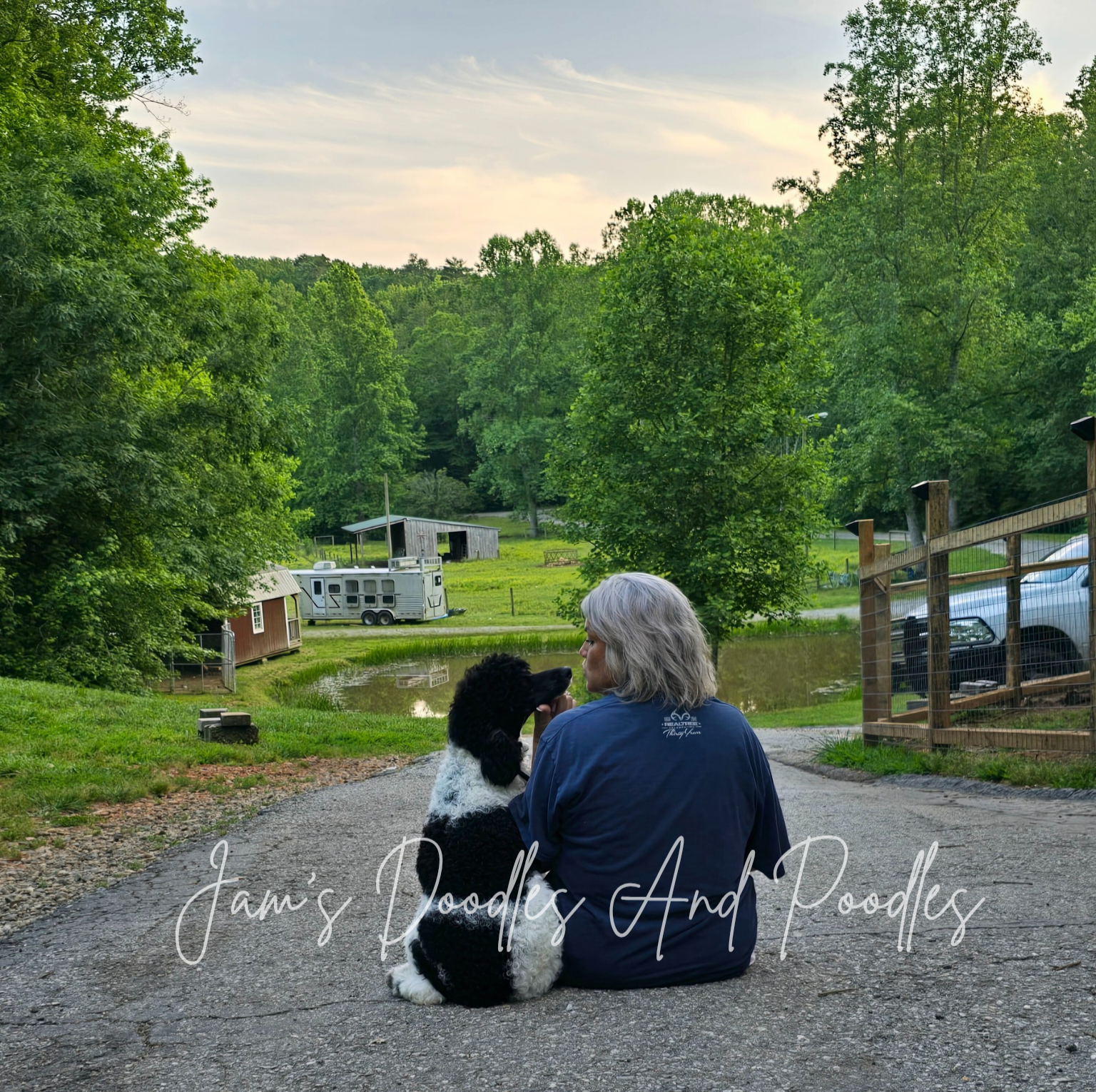Woman and black-and-white poodle sit on a gravel road, facing a pond and trees.