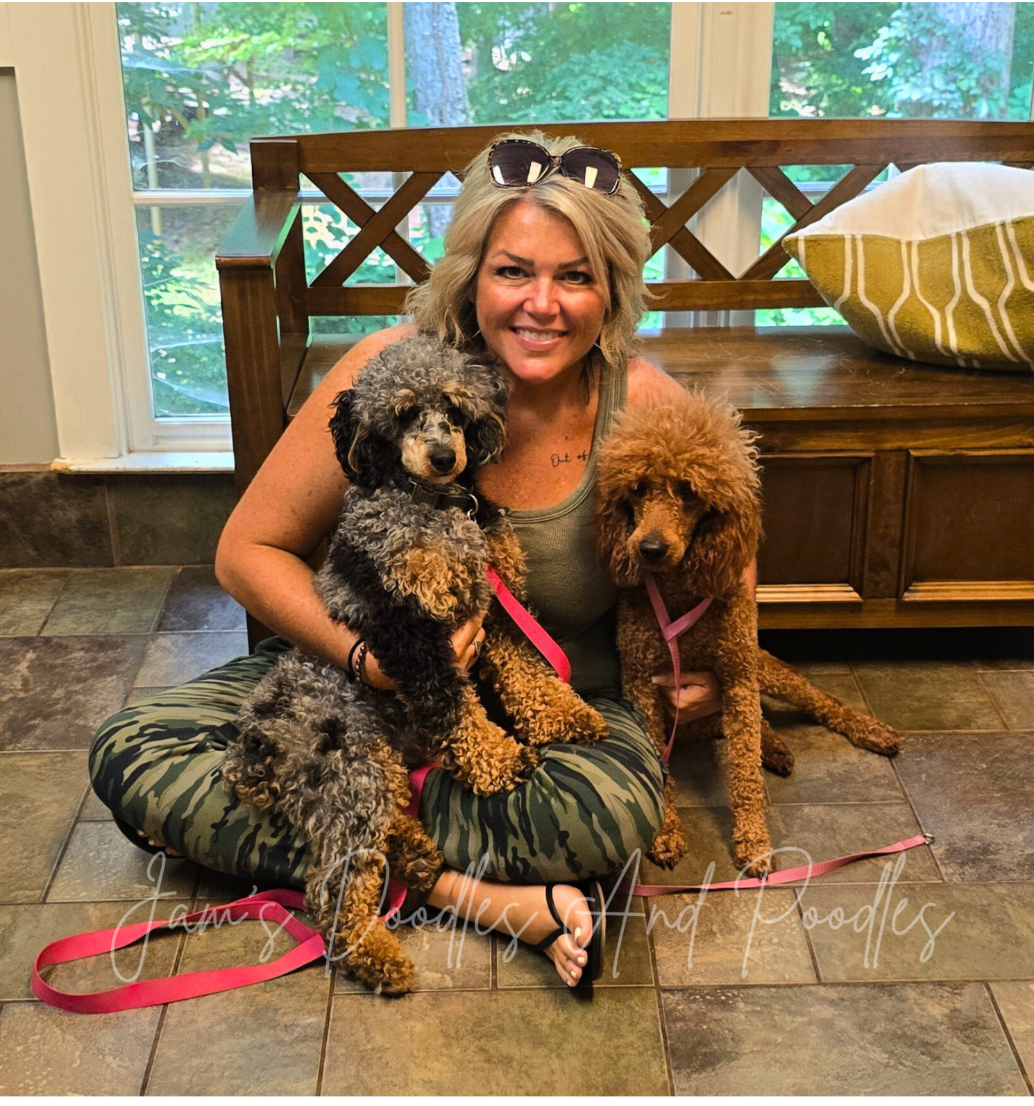 Woman sits with two poodles: gray and brown. Interior setting, smiling, holding leashes.