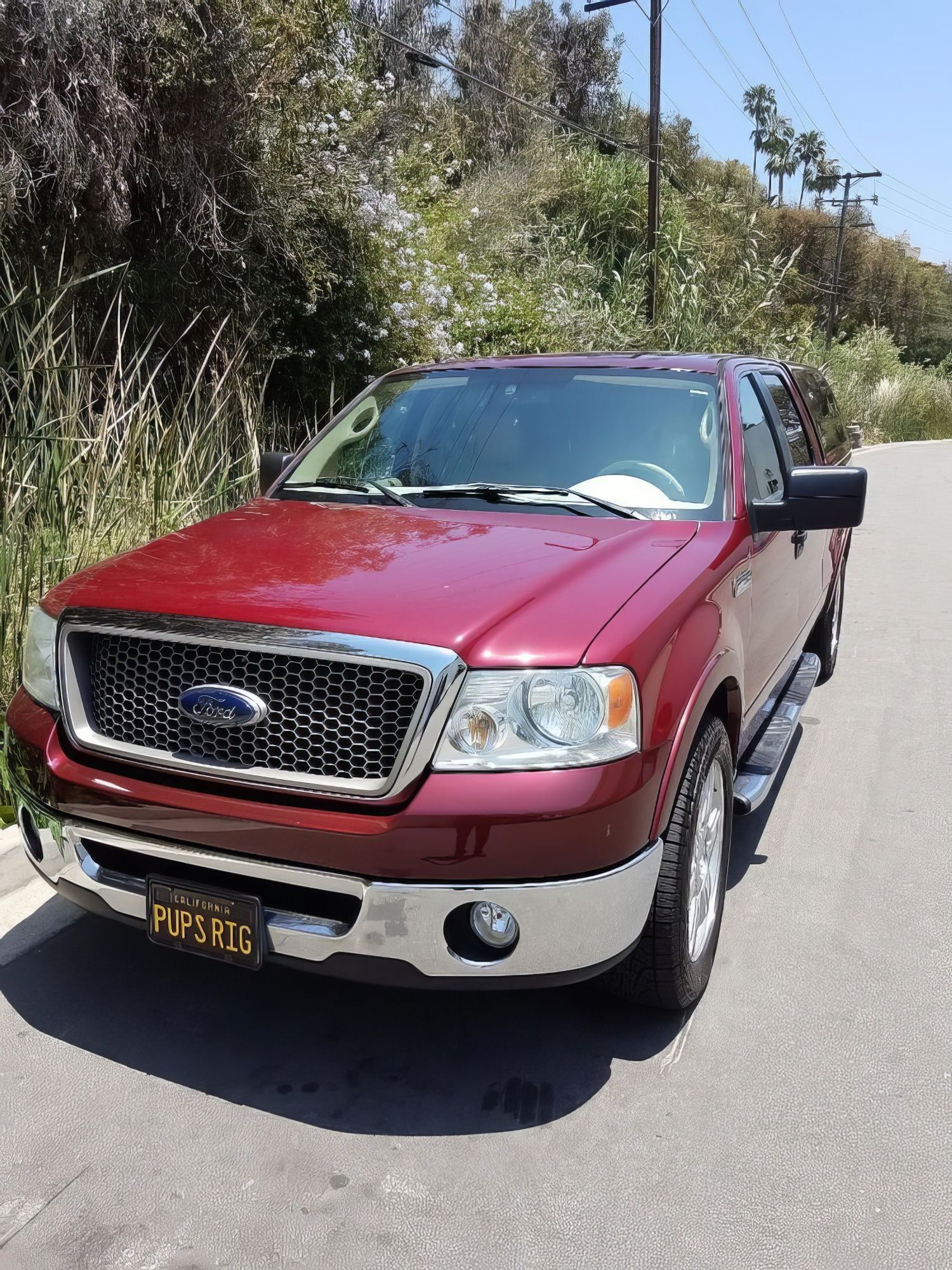 Red Ford pickup truck parked on a sunny roadside with trees and bushes nearby.