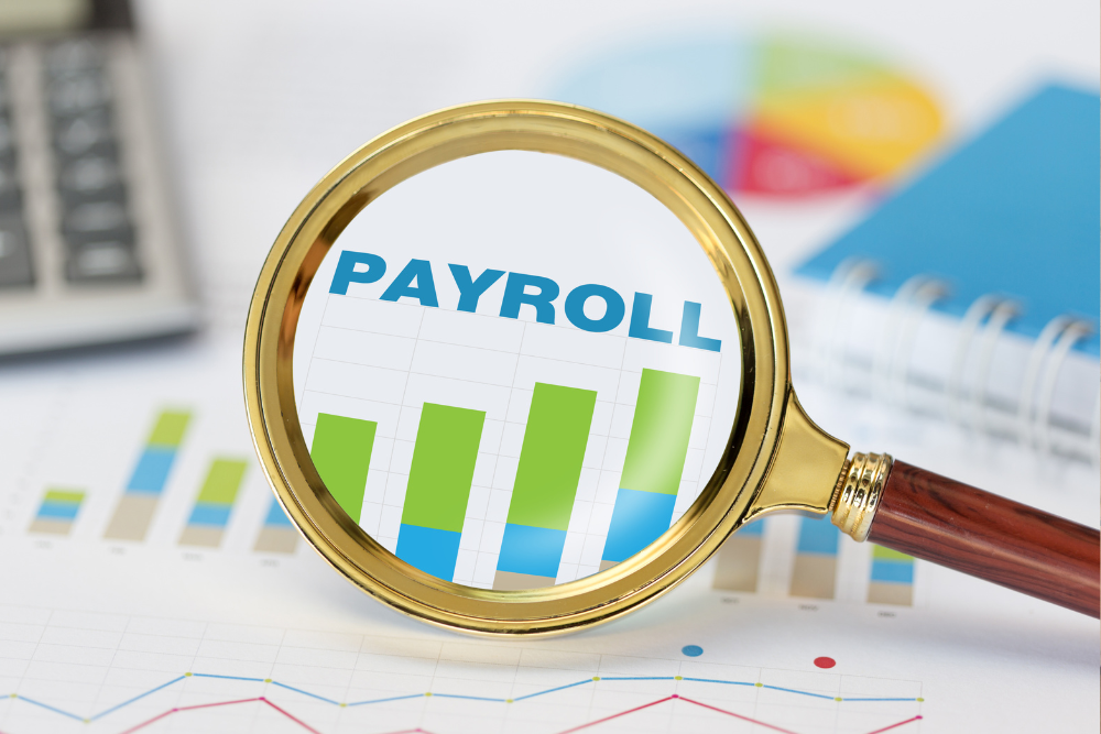 A magnifying glass with the word payroll on it