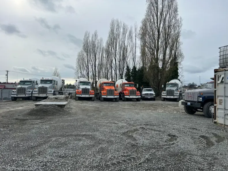 Cement trucks parked on a gravel lot under a cloudy sky, near tall trees.