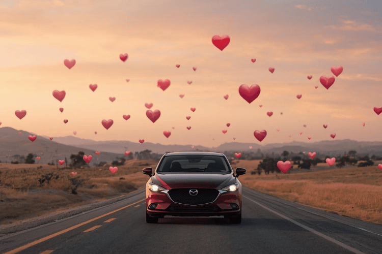 Red Mazda driving on an open road at sunset with heart shapes floating in the sky.