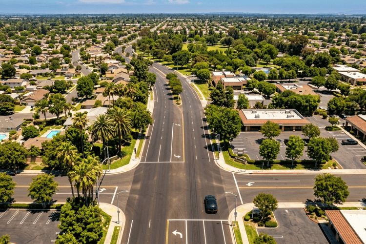 Aerial view of a suburban neighborhood with wide roads, residential homes and buildings. 