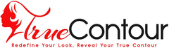 Logo for True Contour: Red female silhouette with flowing hair, red