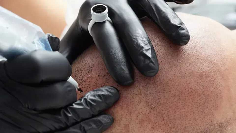 Hands in black gloves performing scalp micropigmentation.