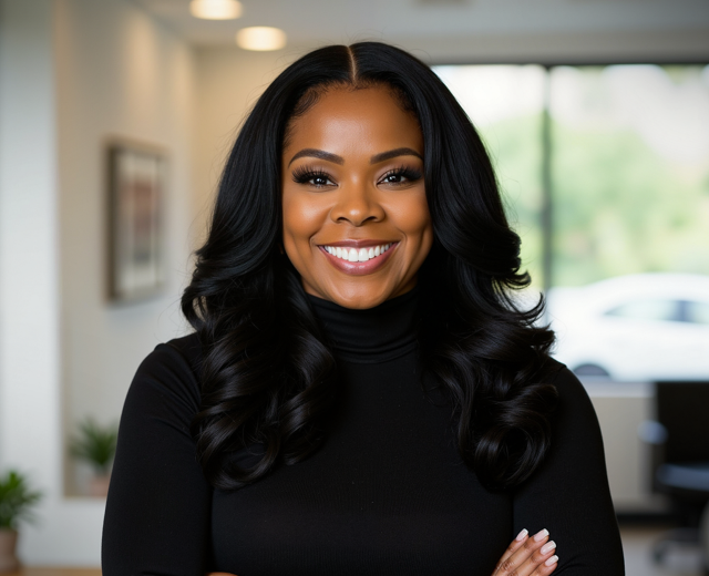 Woman with long, wavy black hair smiles, arms crossed, wearing a black turtleneck. Inside office setting.