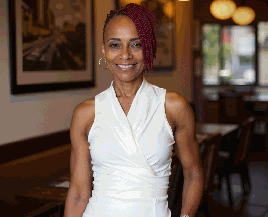 Woman with red braids, smiling in a white top, standing indoors with artwork and a blurred background.