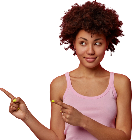 Woman in pink tank top points left and slightly upward, looking to her right.