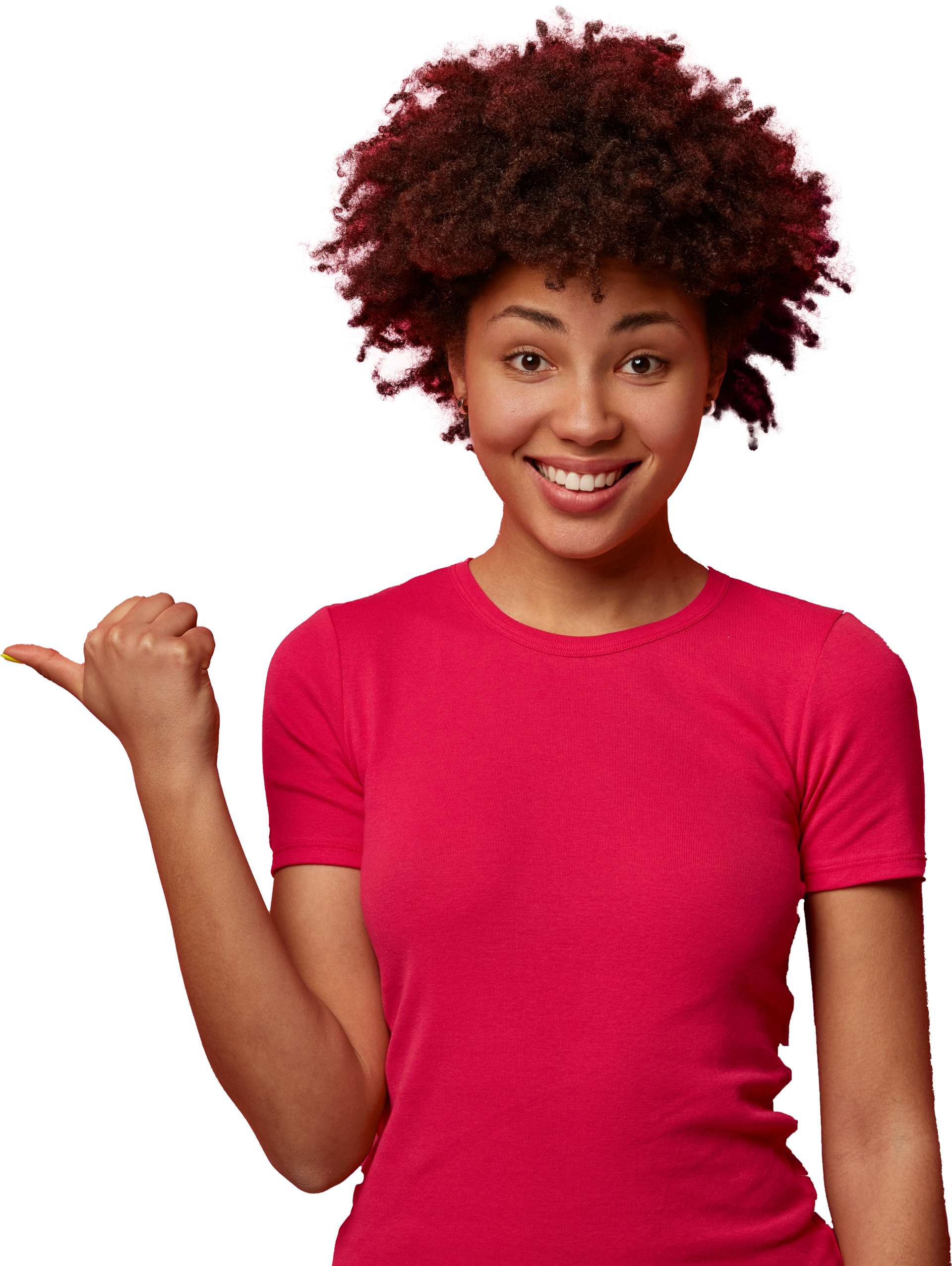 Woman with curly hair in a pink shirt, pointing to her left and smiling.