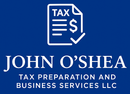 John O'Shea Tax Services logo. Blue background with white text and graphic of a tax document with checkmark.