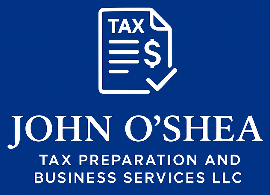 John O'Shea Tax Services logo. Blue background with white text and graphic of a tax document with checkmark.