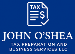 John O'Shea Tax Services logo. Blue background with white text and graphic of a tax document with checkmark.