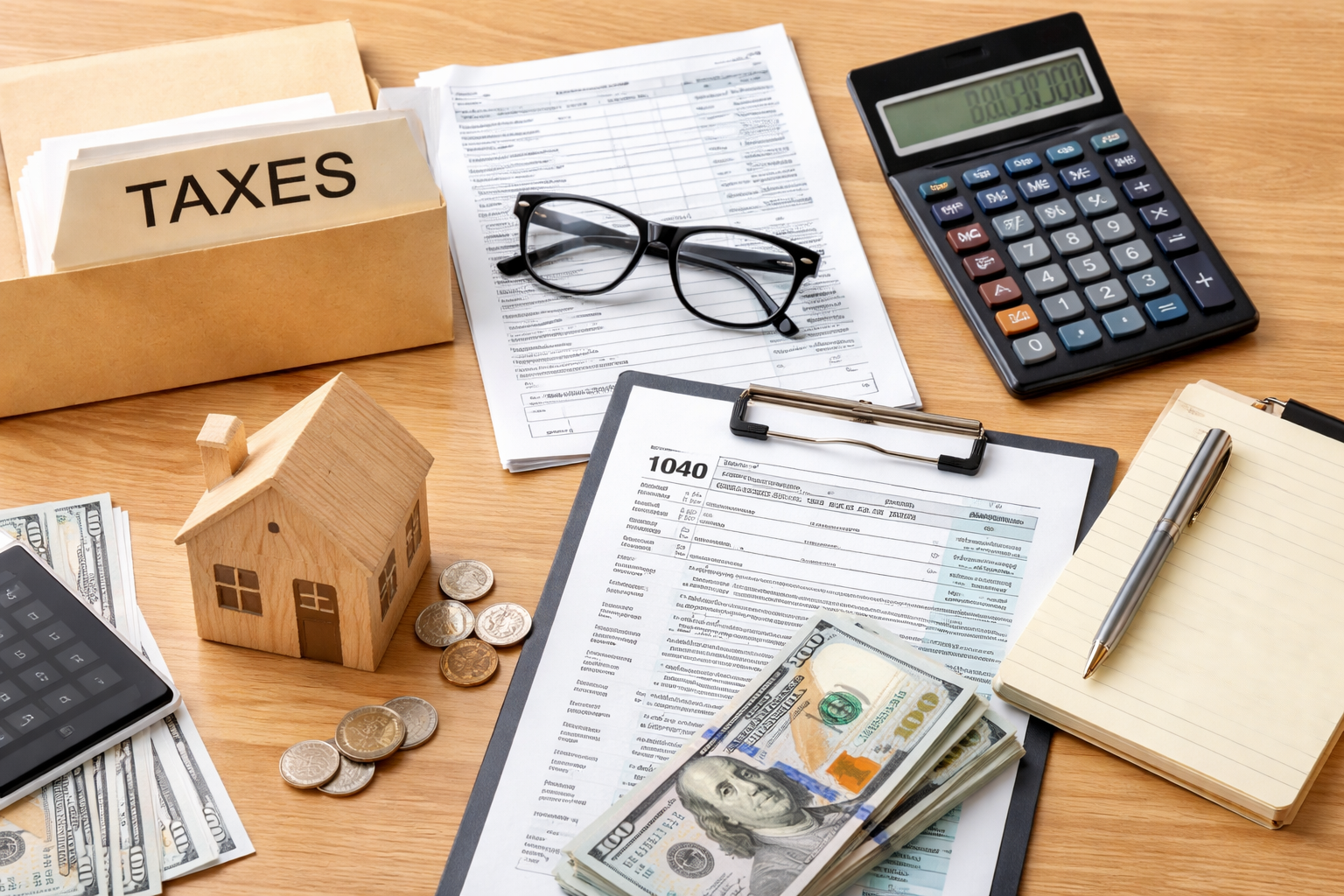 A tax preparation setup on a wooden desk with a file folder, a calculator, a miniature house, cash, and tax documents.