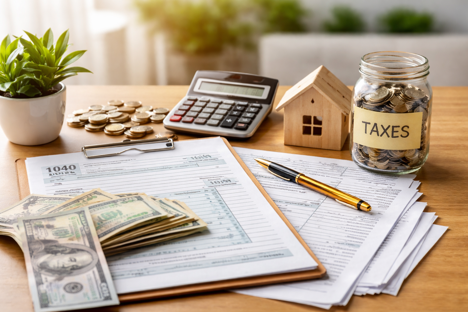 A wooden desk with a 1040 tax form, U.S. dollar bills, a calculator, a small wooden house model, and a jar labeled TAXES.