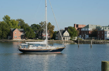 Sailboat on calm water, houses and buildings in the background under a blue sky.