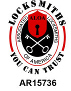 ALOA locksmith logo: Red and black seal with crossed keys, keyhole, and text 