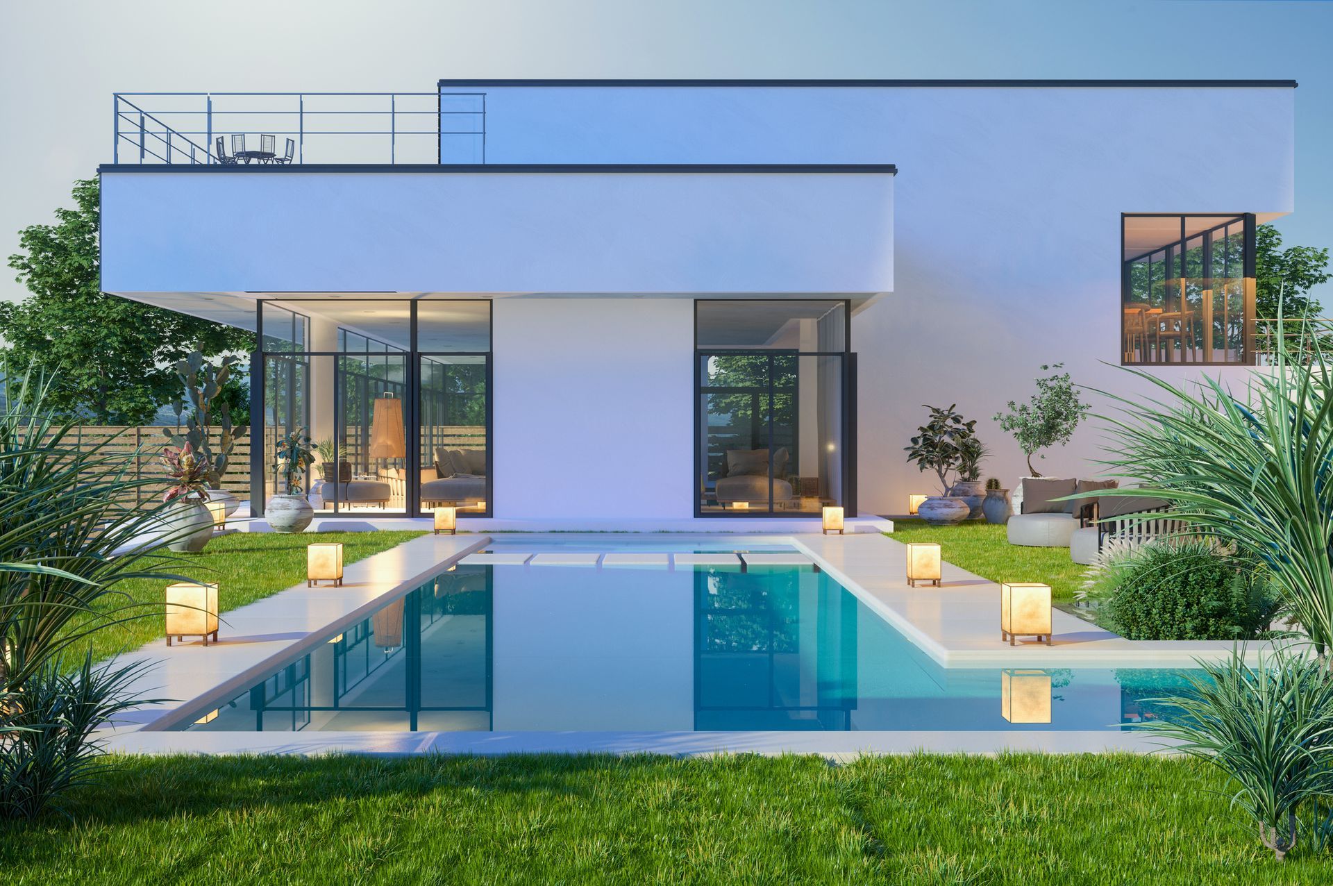 A modern house with a large swimming pool in the backyard.