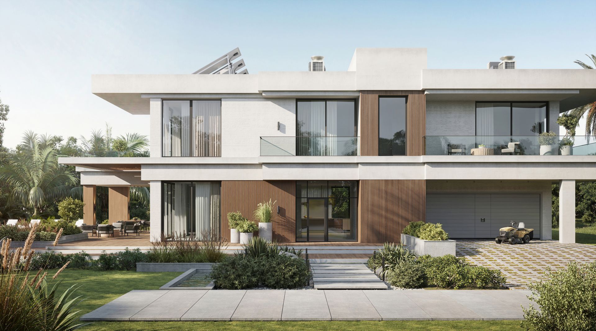 An artist 's impression of a modern house with a lot of windows
