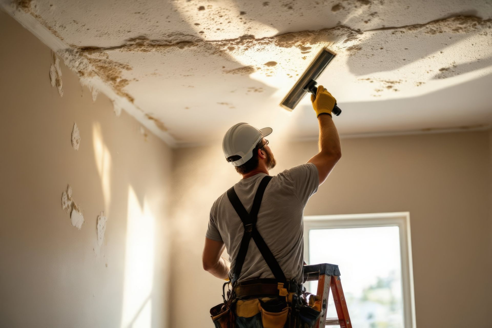 Worker using a trowel to repair a peeling, water-damaged ceiling in a room