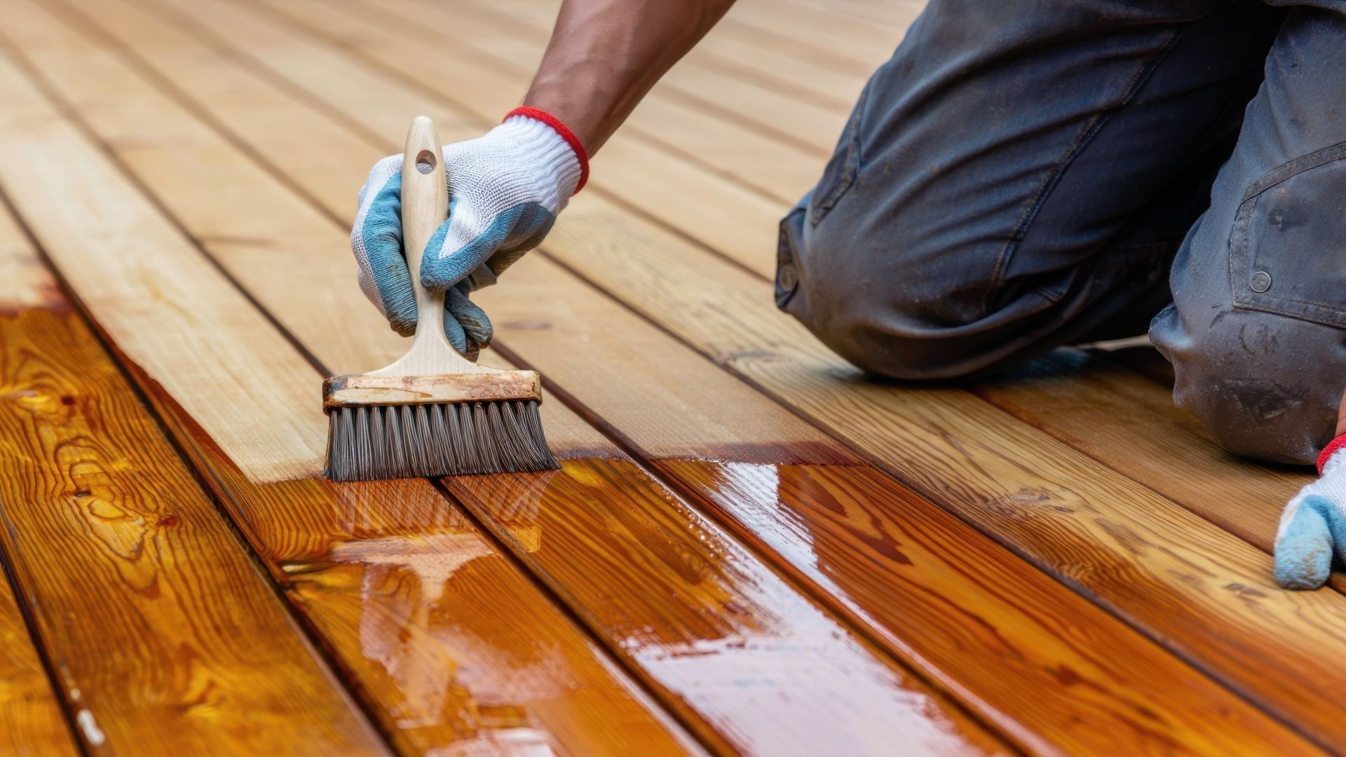 Gloved hands staining a wooden deck with a brush, showing fresh glossy finish