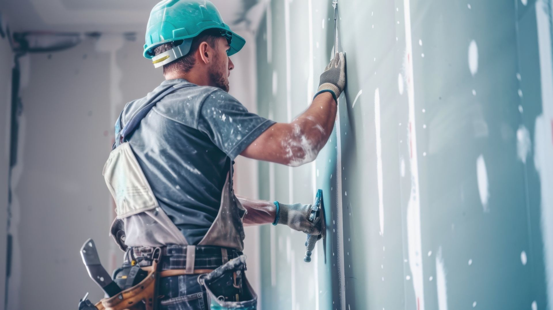 Construction worker applying drywall compound on a wall inside a room