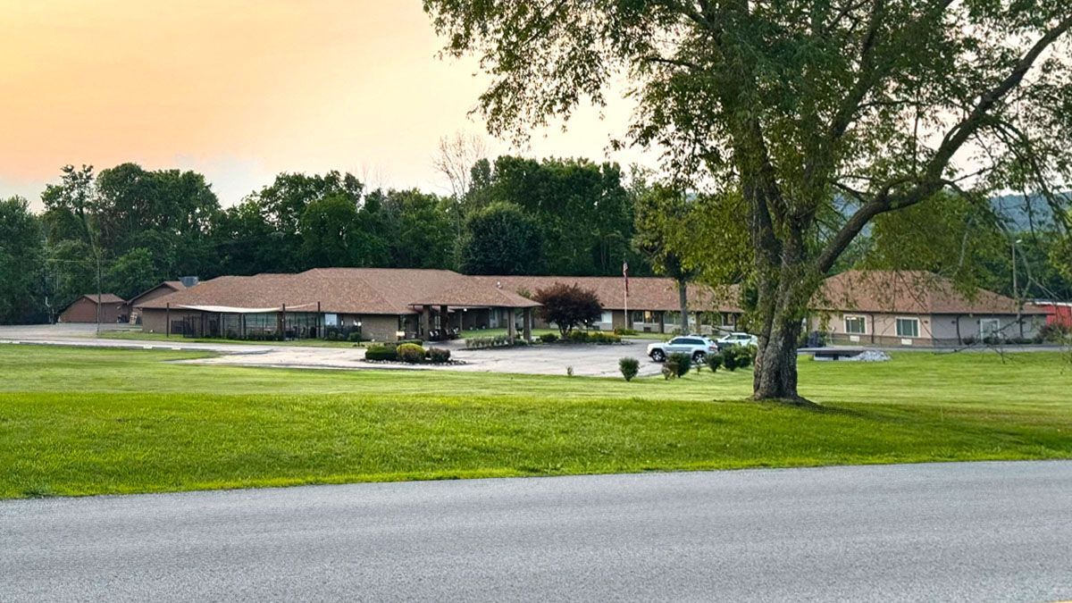 A large grassy field with a house in the background and a tree in the foreground.