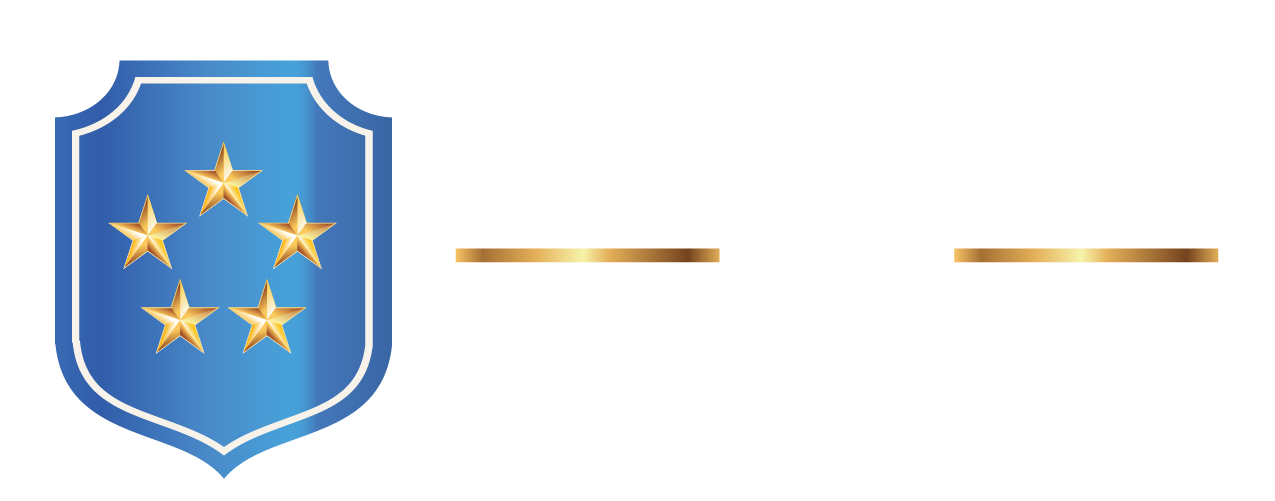 A blue shield with gold stars on it is on a white background.