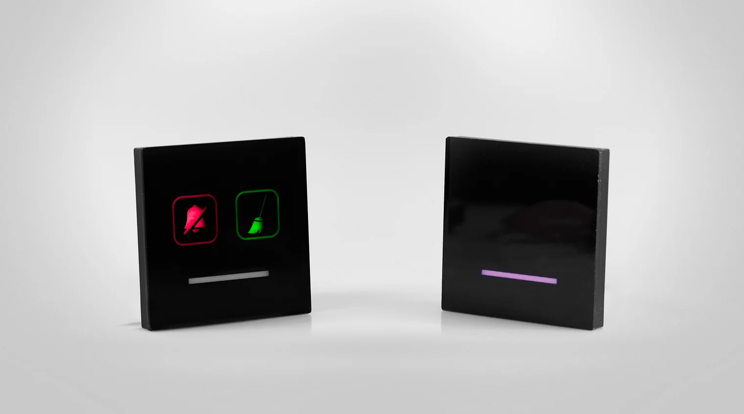 Touchscreen Do Not Disturb and Make Up Room signs with LED lighting for hotel room automation