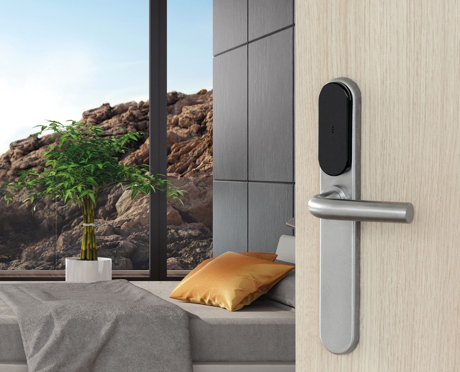 Locktel electronic door lock with sleek design for luxury hotel room access control, overlooking rocky outdoor landscape