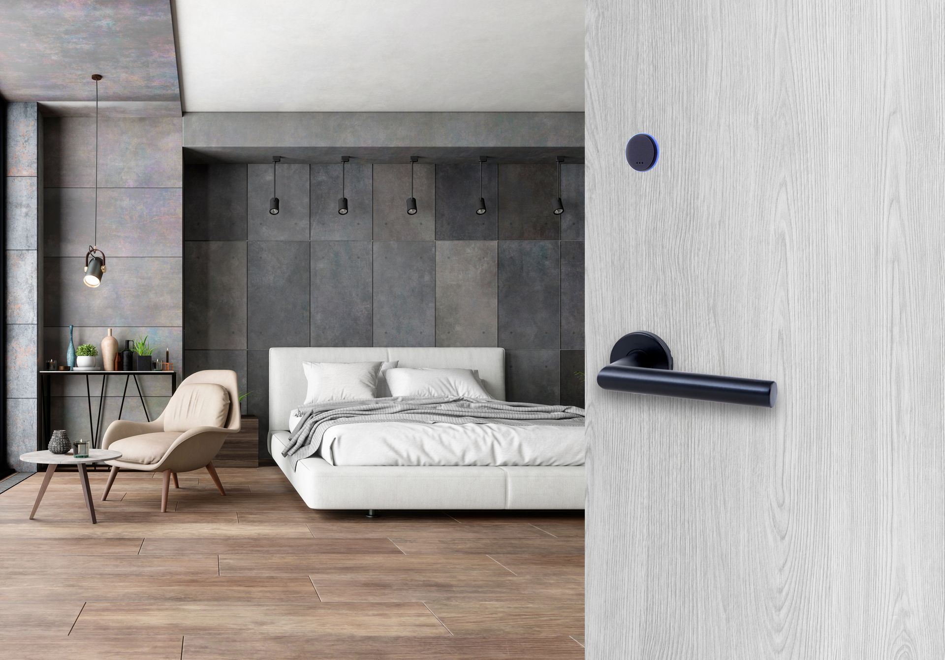 Locktel smart lock system with black RFID reader and handle for modern hotel room access control and contactless entry