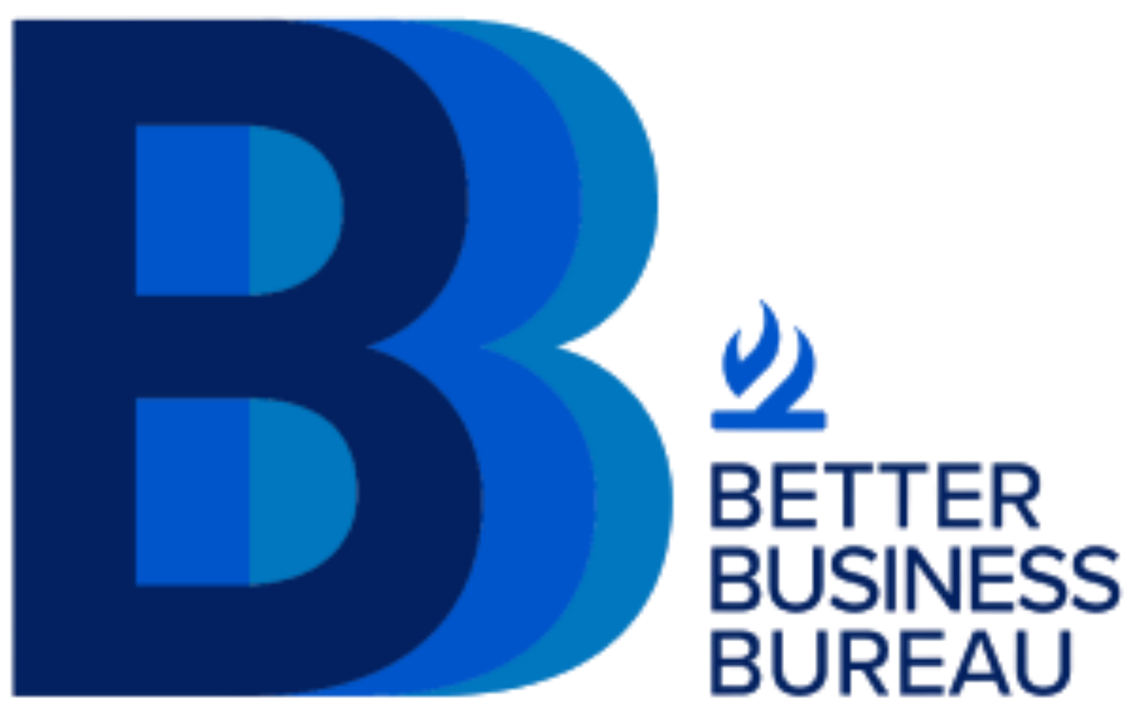 Logo for the Better Business Bureau featuring a large blue letter 'B' with a flame icon and the company name.