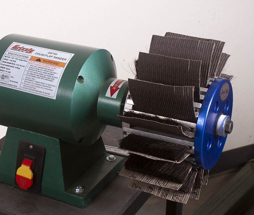 Sand-Rite flap sander mounted on a Grizzly brand spindle motor.