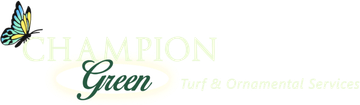 The logo for champion green turf and ornamental services has a butterfly on it.