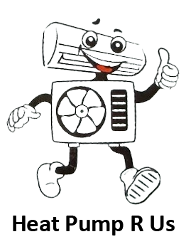 A cartoon mascot made of HVAC units, smiling and giving a thumbs up, above the text "Heat Pump R Us."