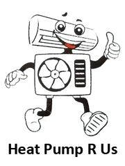 A cartoon mascot made of HVAC units, smiling and giving a thumbs up, above the text "Heat Pump R Us."