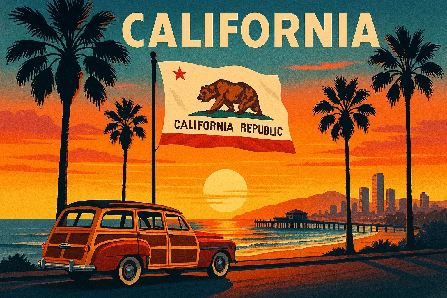 A poster for california with a woody station wagon on the beach