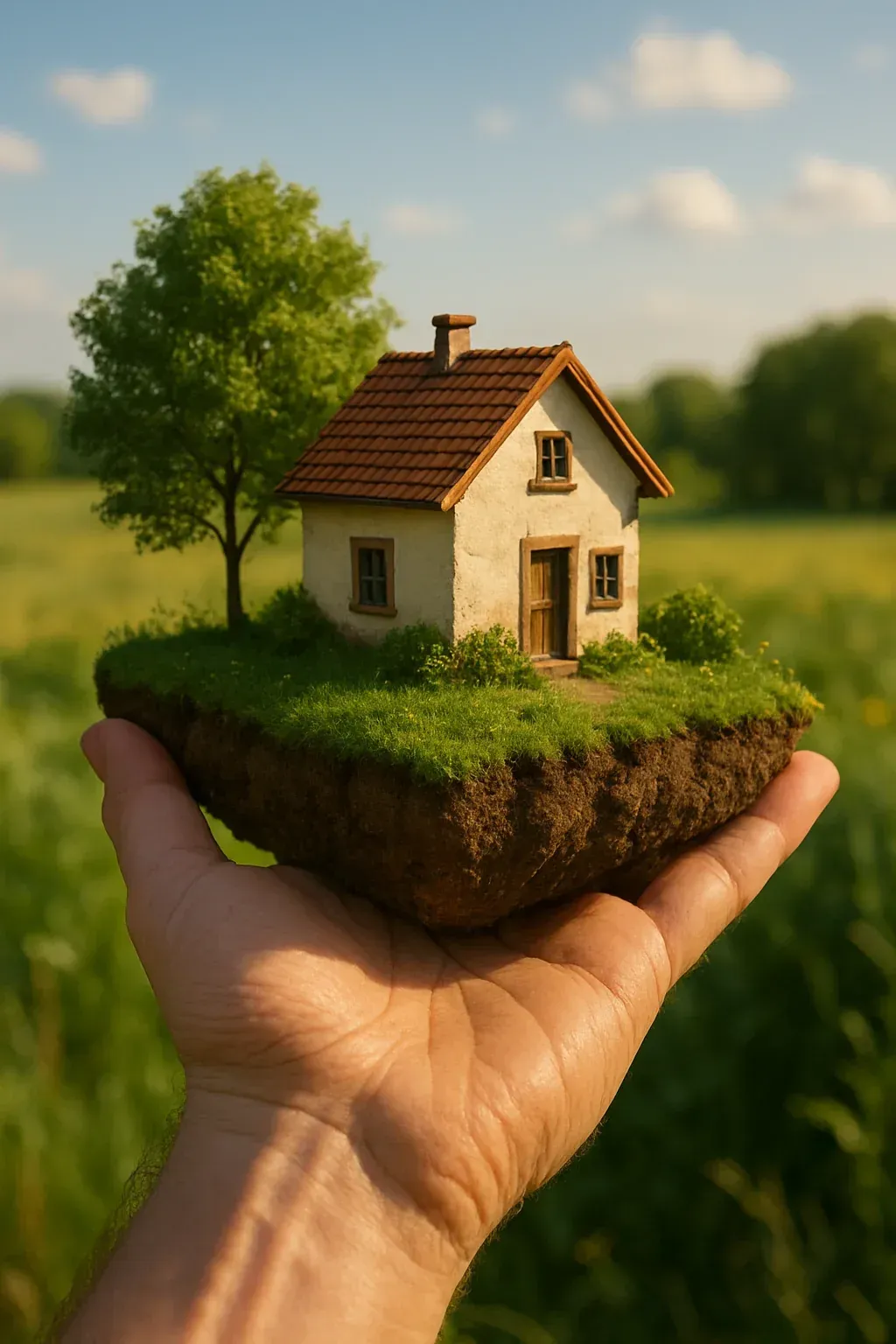A person is holding a small house with a tree in their hand.