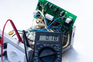 An electrician is working on an electrical panel with a multimeter.