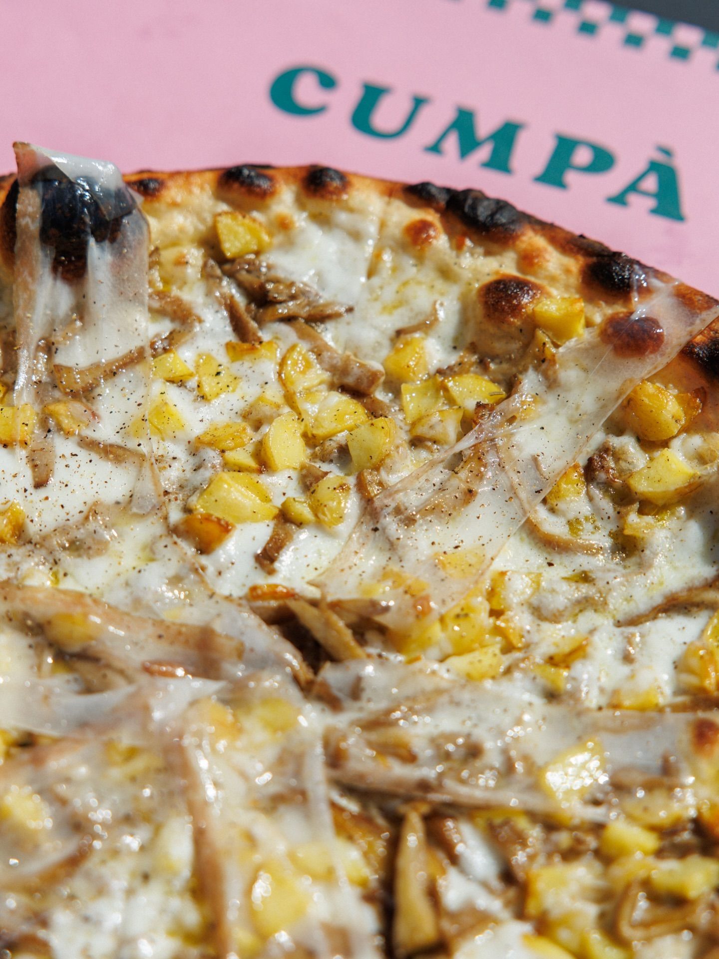 Primo piano di una pizza con funghi e formaggio, su sfondo rosa con la scritta