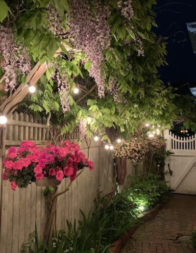 A backyard with a fence , flowers and lights at night.
