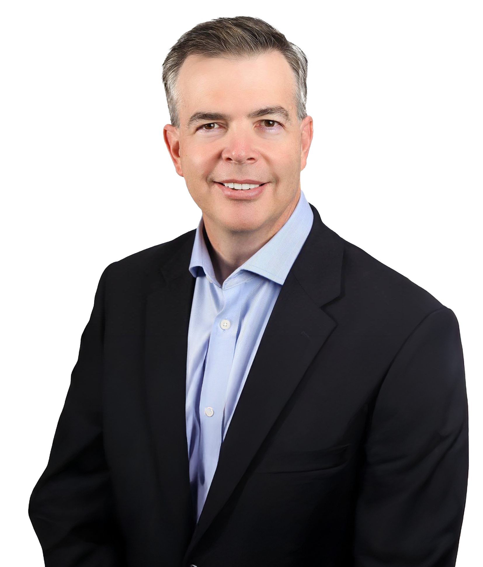 Headshot of a smiling person wearing a dark blue suit jacket and a light blue button-down shirt against a white background.