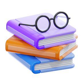 Three stacked books in purple, orange, and blue with black round glasses on top