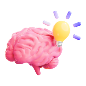 Pink brain with a glowing yellow light bulb and purple rays, symbolizing an idea