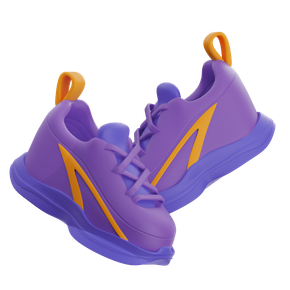 Pair of purple athletic sneakers with orange accents, angled toward each other on a white background