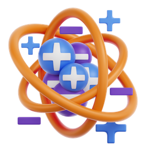 Abstract orange orbit rings around blue and purple plus symbols on a white background